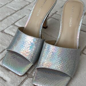Marc Fisher Holographic Snake-Print Mules